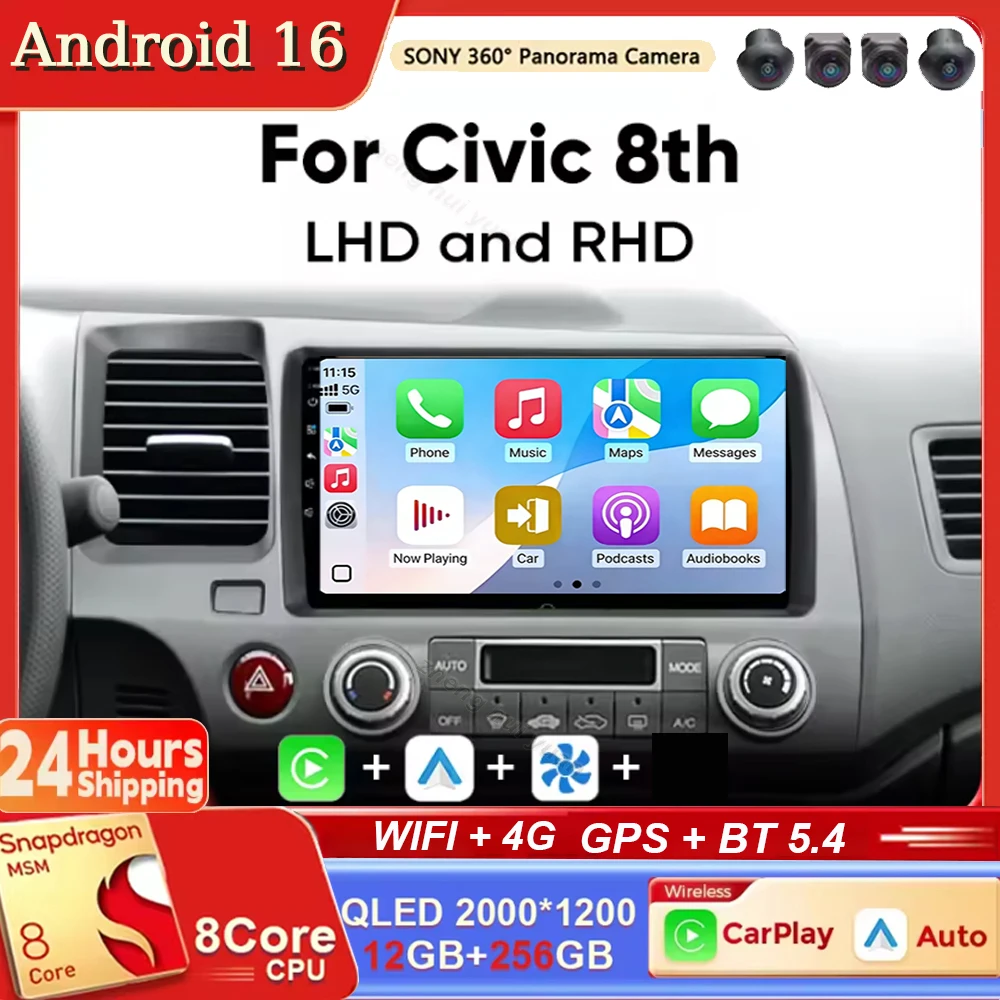 Android 16 Car Stereo Radio for Honda Civic 8th 8gen 2005 2006 2007 2008 2009 2010 2011 Multimedia Wireless CarPlay Android Auto