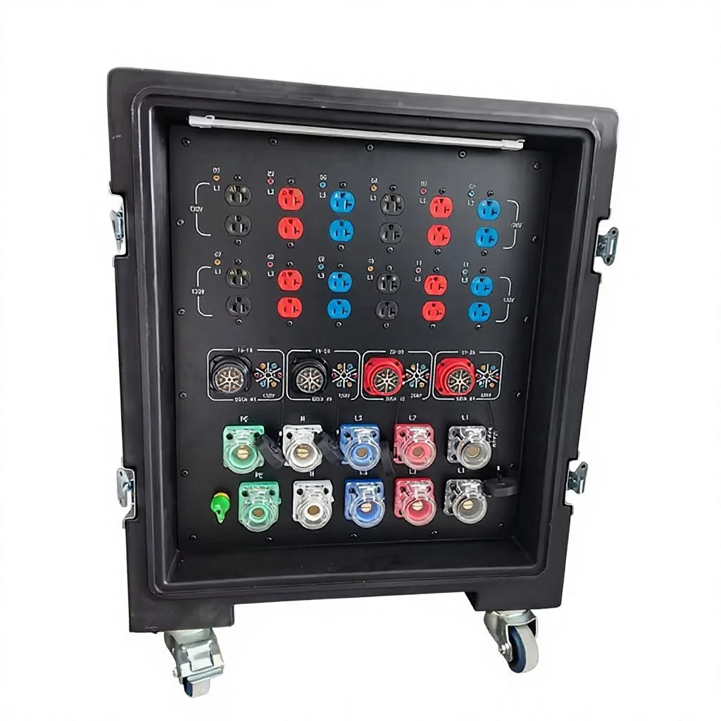 US Stage Power Distro Box, Tour Lighting Power Case With Powercon Rhino Connectors, 19pin Socapex Power Ports & Sockets