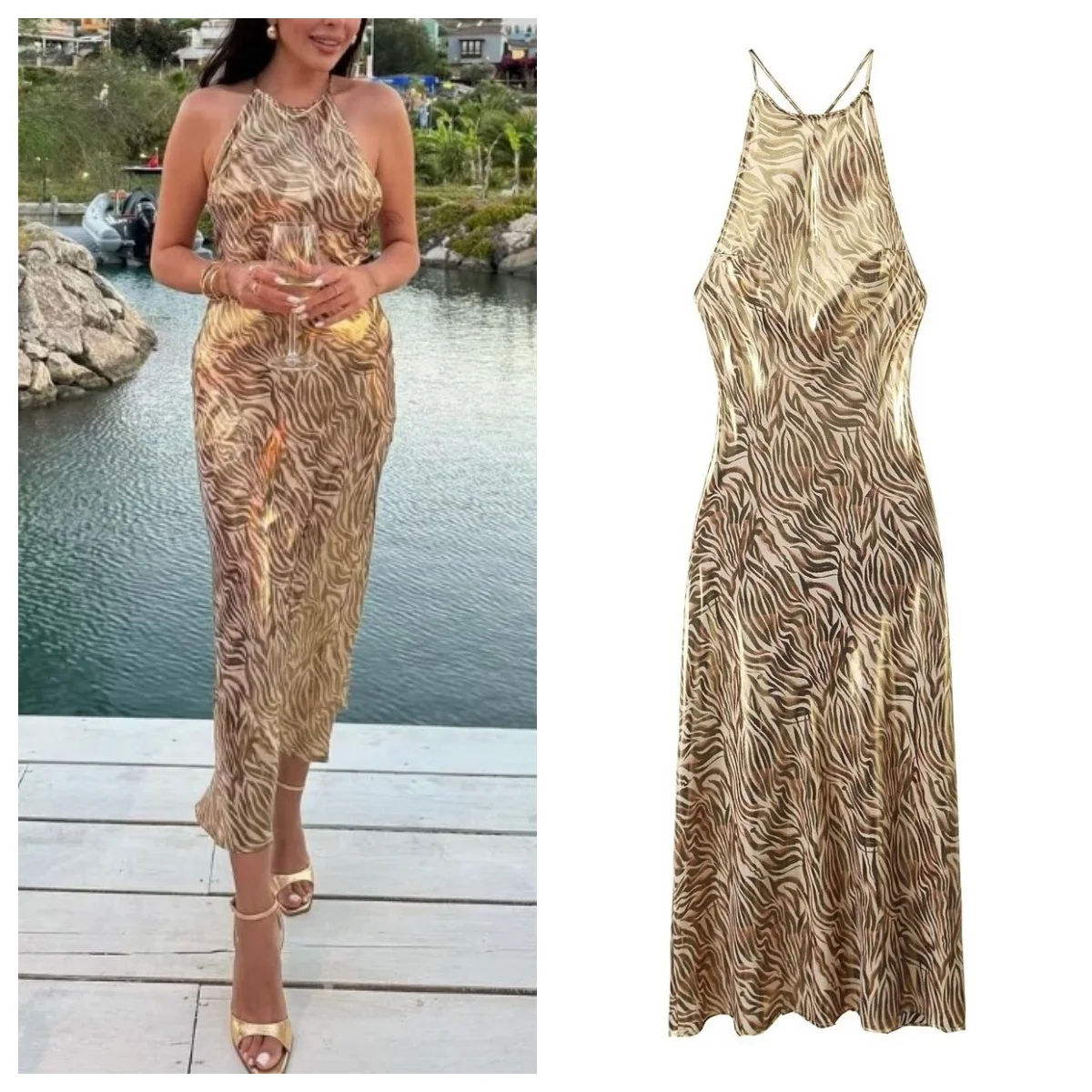 Leopard Print Halter Neck Backless Dress Women's New Sexy Metallic Foil Slim Fit Hip Cover Long Dress