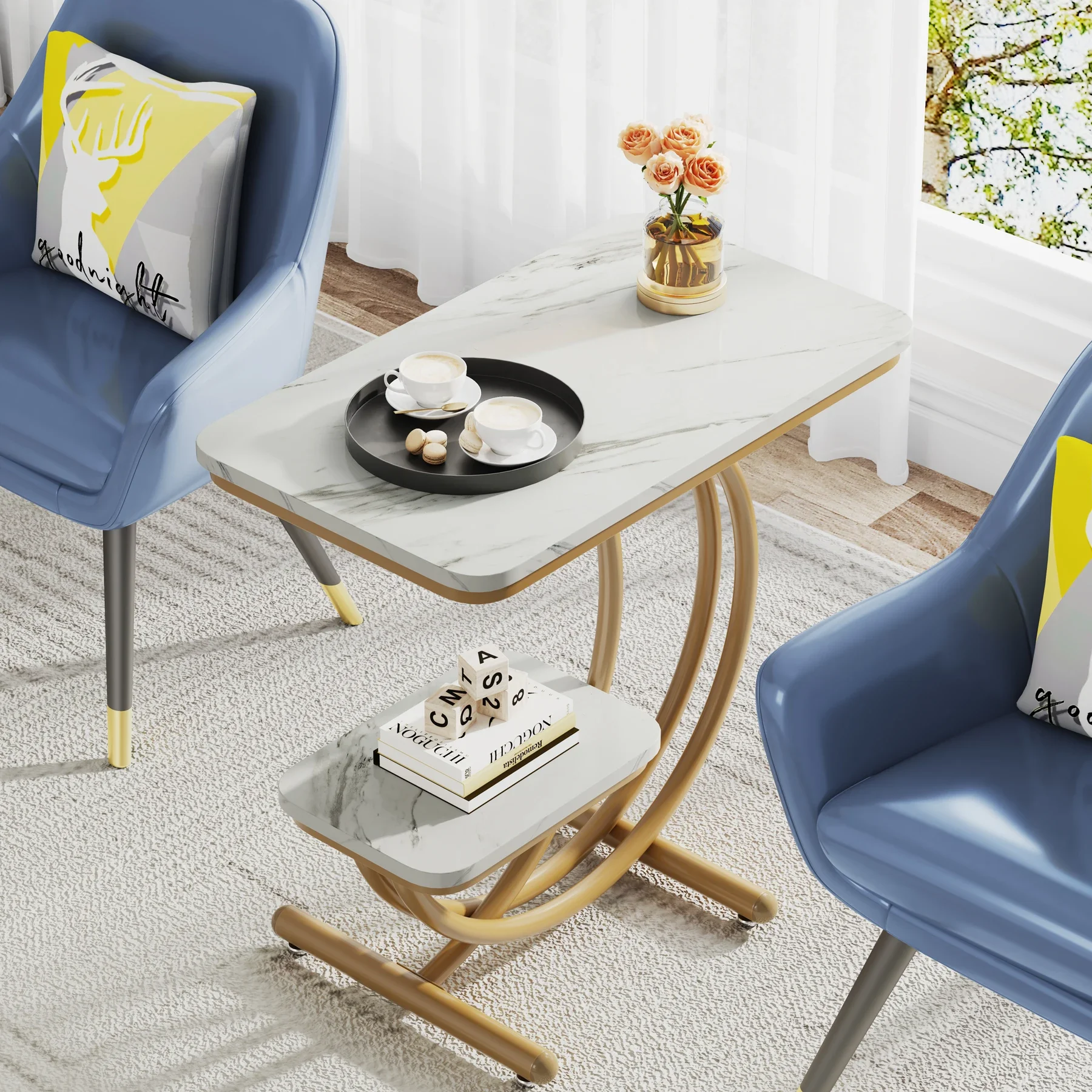 Modern Side Table with Faux Marble Tabletop, 2-Tier End Table with C-Shaped Metal Legs for Living Room