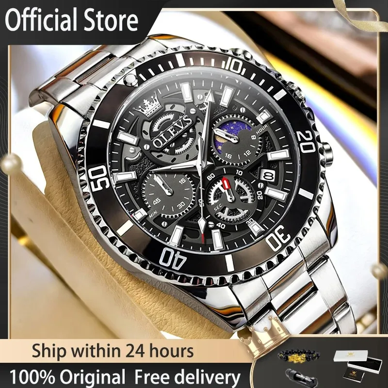 OLEVS Men Skeleton Quartz Watch Chronograph Moon Phase Waterproof Luminous Stainless Steel Sport Wristwatch Casual Clock 2990