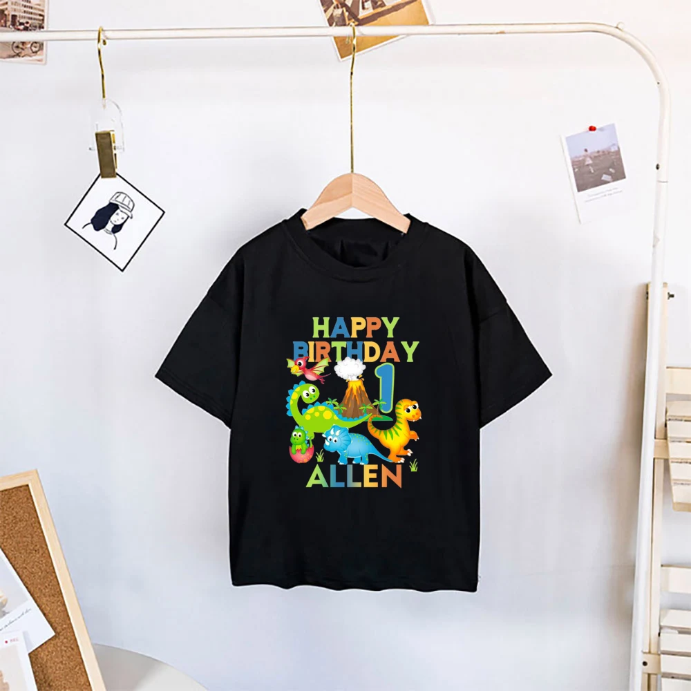 Personalized Custom Name Kids Birthday Number 2-9 Cartoon Dinosaur T Shirt Children Happy Birthday Fashion Boys Girls Tees Gifts