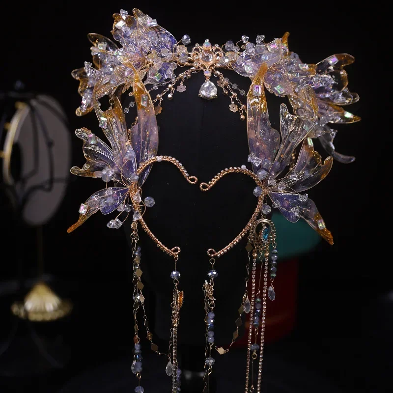 Fascia per capelli in cristallo fatta a mano della dea Corona di sirena Tiara Orecchini Ornamenti per capelli da elfo Copricapo Accessori per costumi cinesi retrò