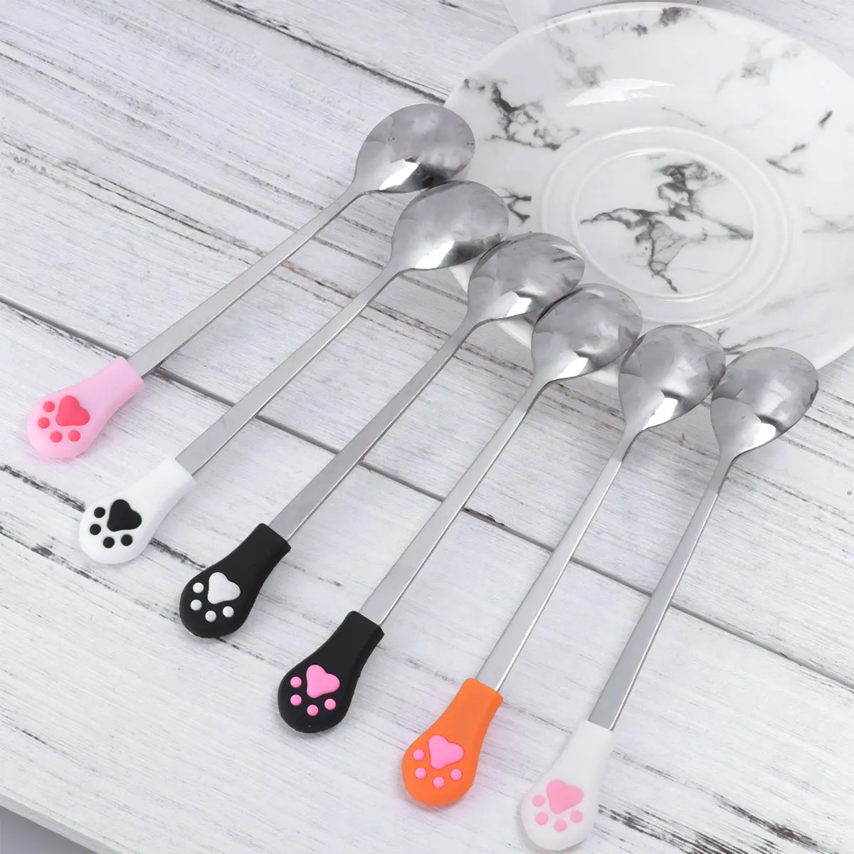 

6 pcs Spoon Stainless Steel Silicone Head Coffee Spoons Ice Cream Serving Bistro Cake Spoons Tea Dessert Spoon