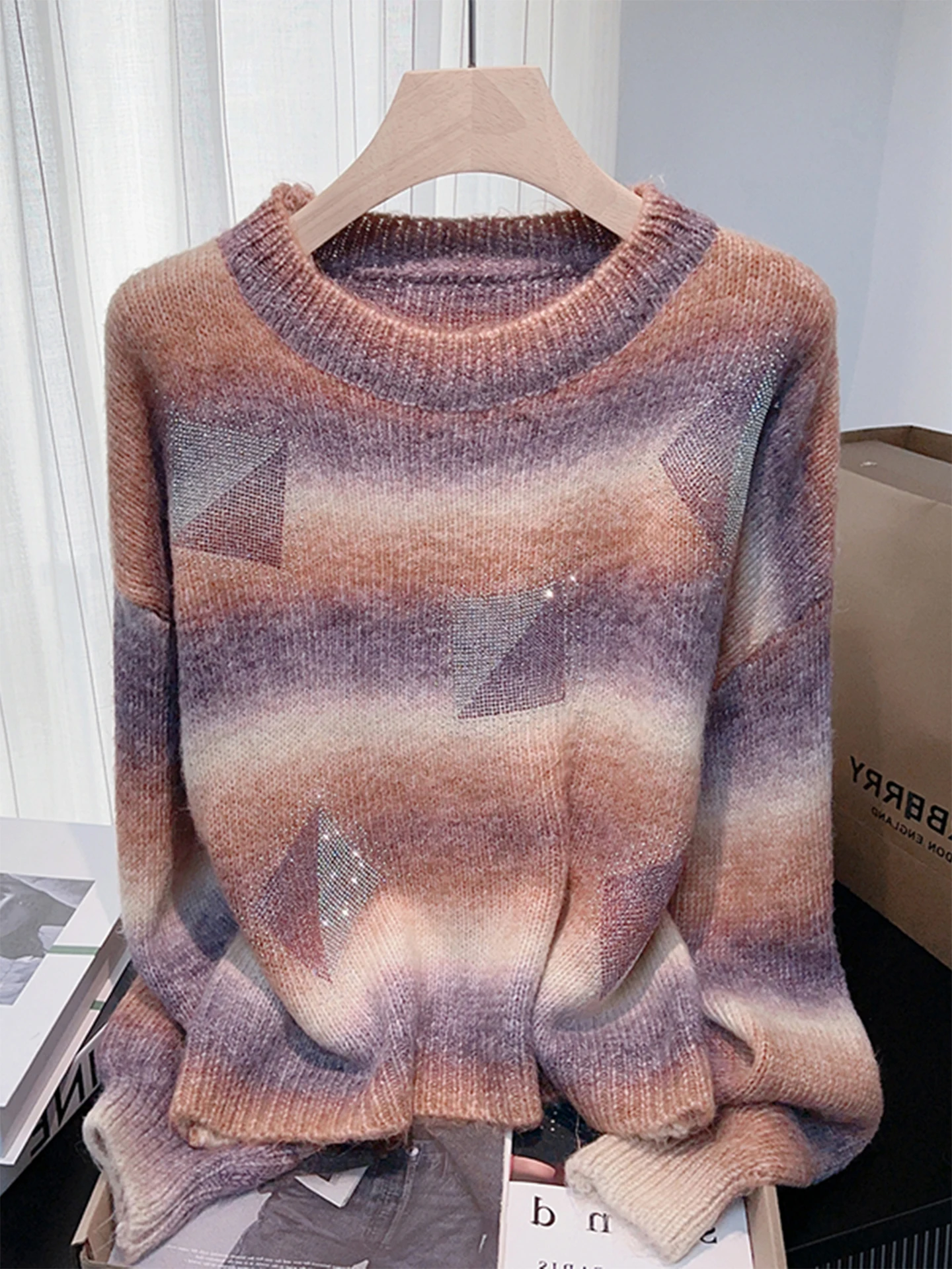 

adient Color Design круглый свободный вязаный свитер для женщин осень-зима удобный повседневный свободный крой