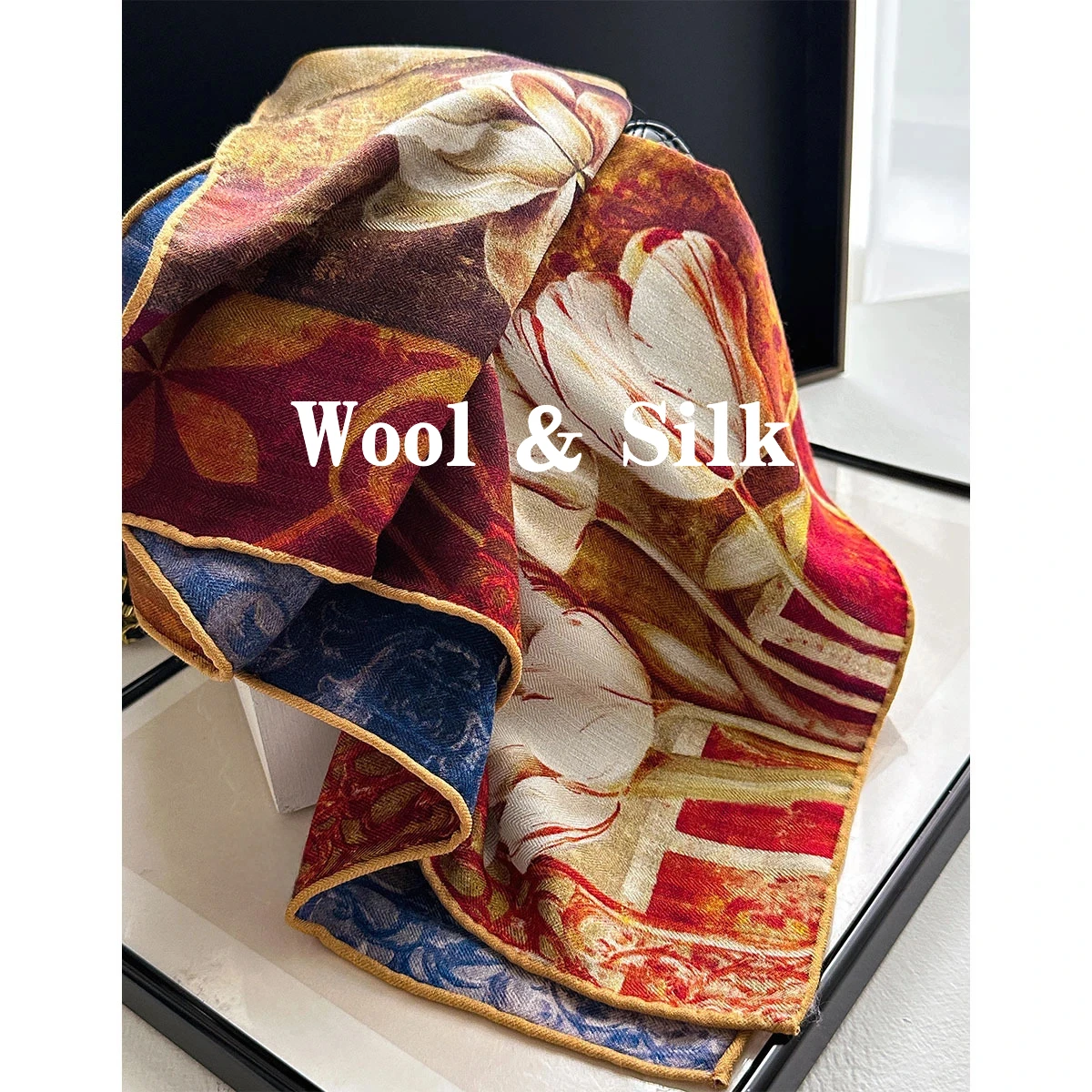 18% Silk 82% Wool Neck Warmer for Women Elegant Vintage Orange Oil Panting Square Scarf Silk Wool Elegant Women Shawl