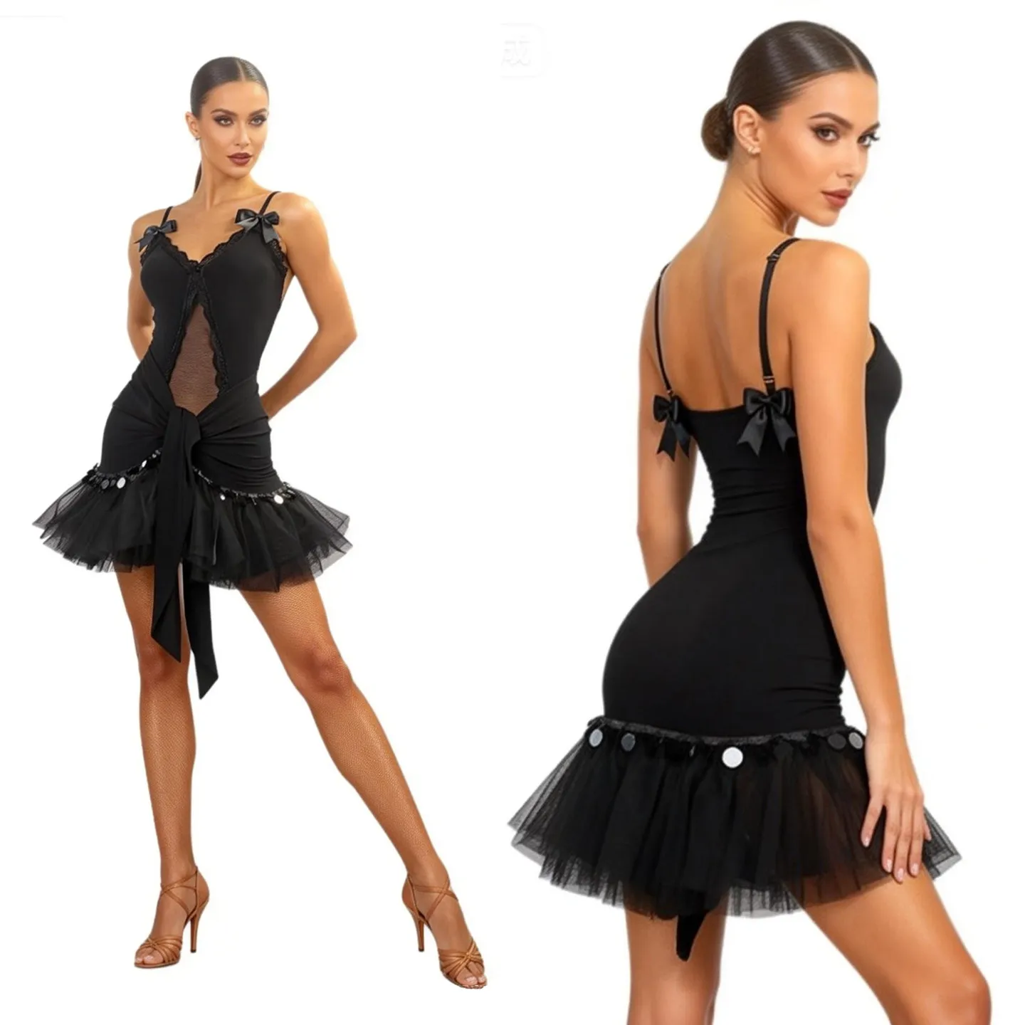 

Новый сексуальный комбинезон из сетки с бретелями для латиноамериканских танцев (чача, румба, танго, самба), современных танцев, тренировочный костюм для взрослых DQL12270