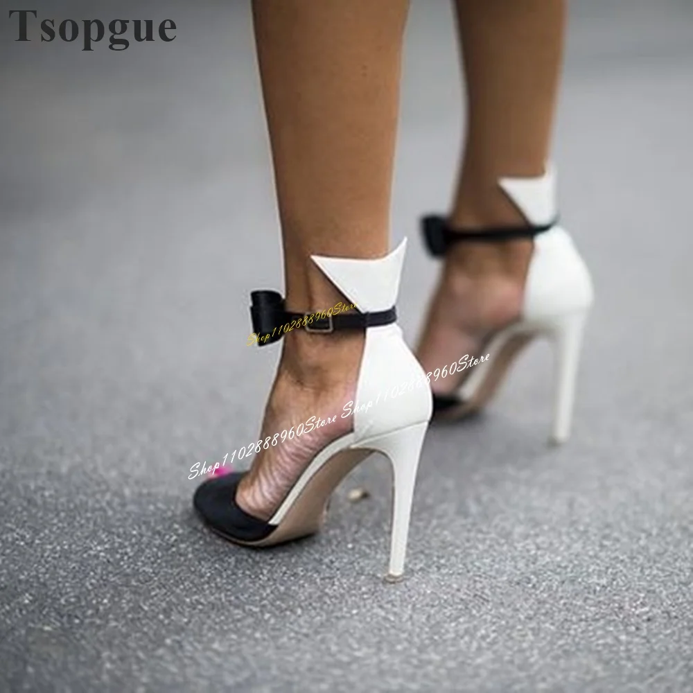 Sandalias elegantes con lazo Para mujer, Zapatos de tacón alto y fino con correa y hebilla en el tobillo, Punta abierta, color blanco y negro, 2024