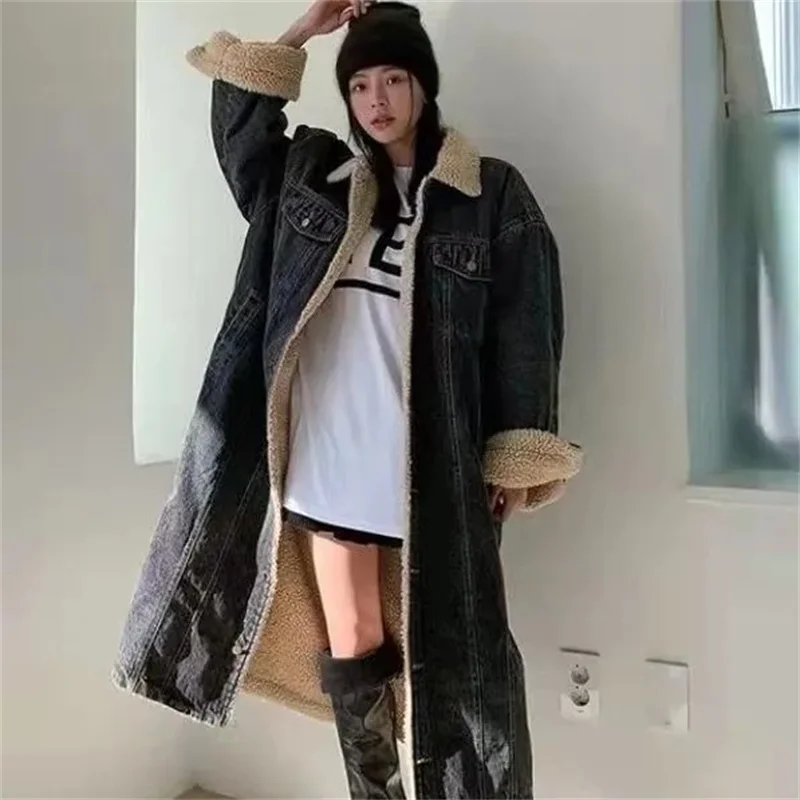 Chaqueta larga de algodón grueso para mujer, abrigo vaquero de lana de cordero, suelto y versátil, de felpa, para invierno, 2024