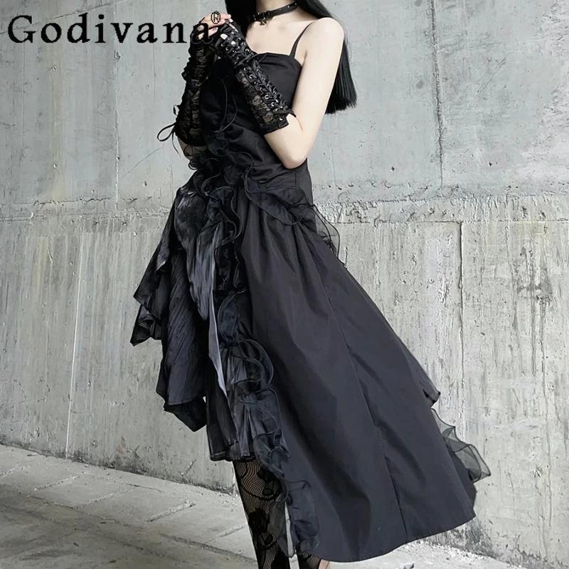 

Street Girl Black Irregular Gauze Temperament Square Collar Suspender Dress Summer New Goth Dark Women Music Festival Dresses