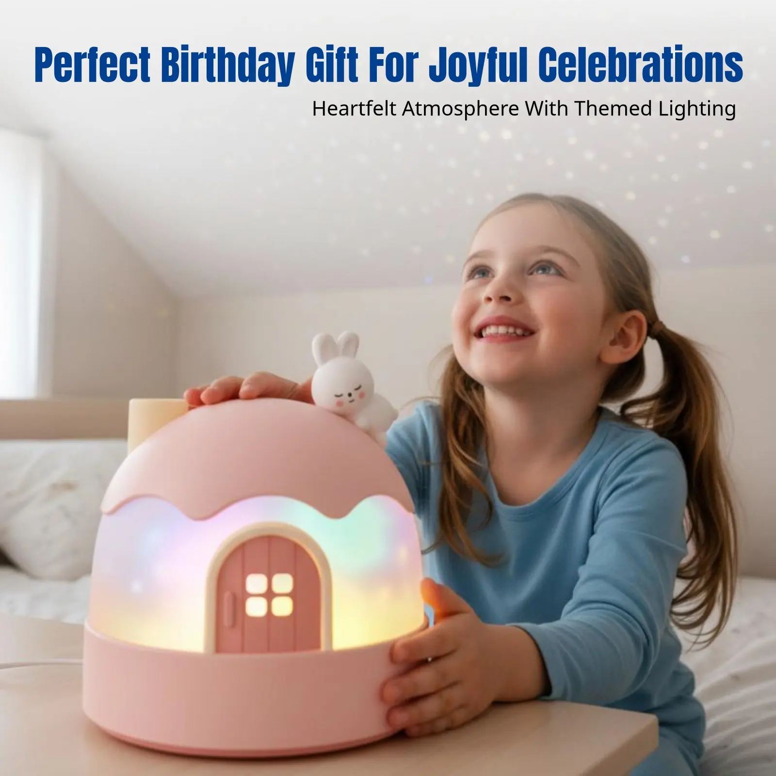 Cartoon Bunny Star Projector, Night Light Music Box for Kids, Rotating Galaxy Lamp, Girls Bedroom Ceiling, Timer view 3