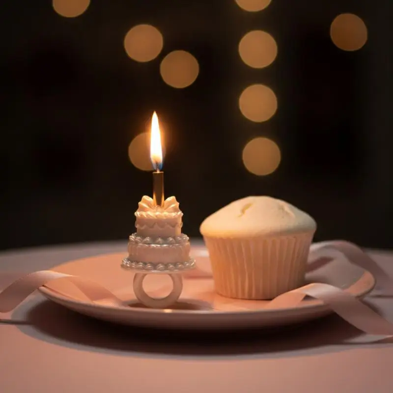 Birthday Cake Shape Opening Ring 3D Candle Design Fashion Jewelry for Party Photo Props Women Gift