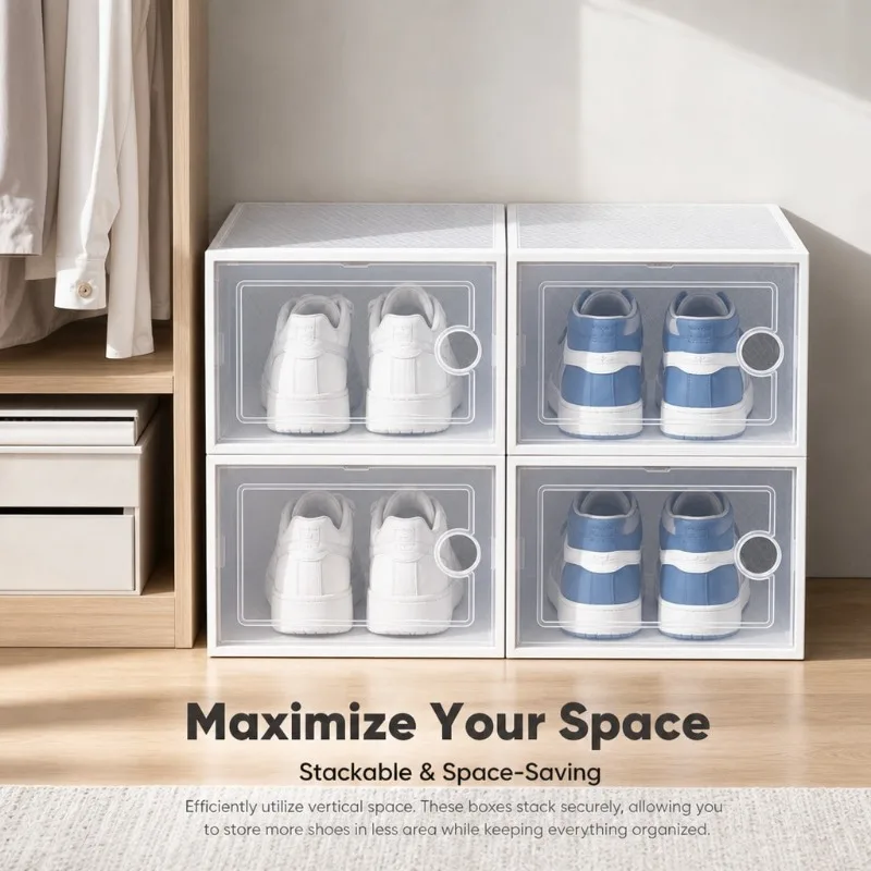 White/Black 24pcs Stackable Shoe Storage Boxes, Clear Plastic Shoe Organizer, Dustproof & Foldable Shoe Containers For Sneakers/Heels.