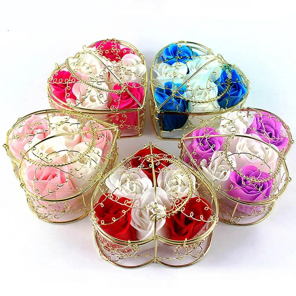 Random Heart Scented Bath Body Petal Rose Flower Soap Wedding Decoration Gold Plated Iron Basket Set Of 6 Soap Flower Roses