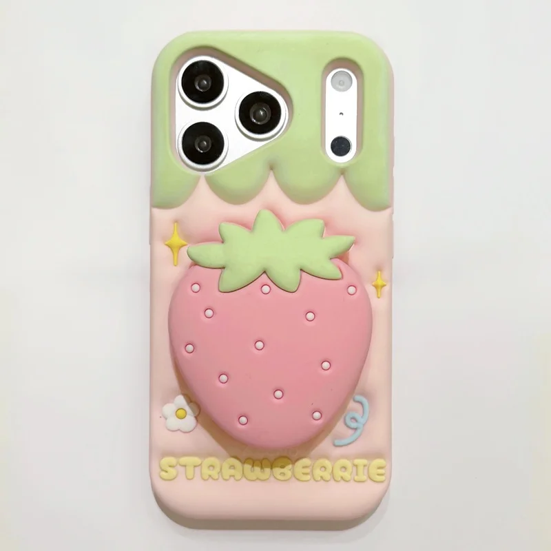3D Cute Strawberry Mirror Stand Silicone Phone Case For iPhone 18 17 16 15 14 13 12 Pro Max Shockproof Protective Case
