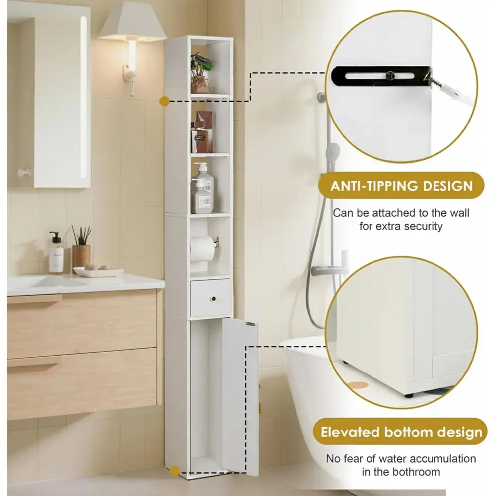 Storage Cabinet, 67" Tall Narrow Bathroom Cabinet with 3 Adjustable Shelves, Toilet Paper Holder, Magnetic Door & Drawer, for Sm