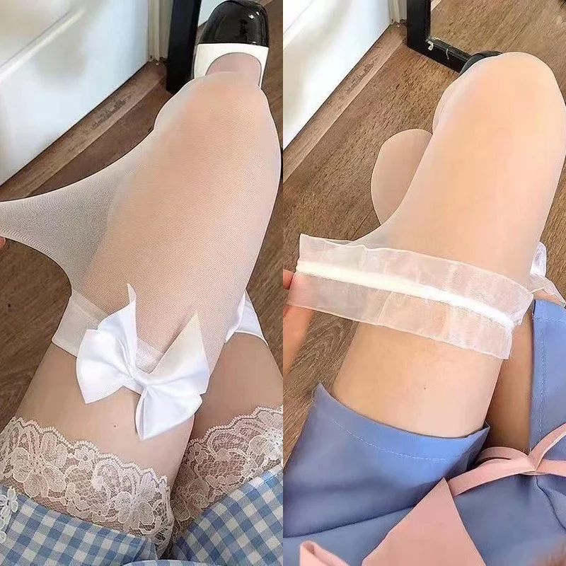 Cute Bowknot Lace Top Thigh High Stockings Women Sexy Elastic Fishnet Over Knee Anime Lolita Socks JK Cos Girls Cosplay Hosiery