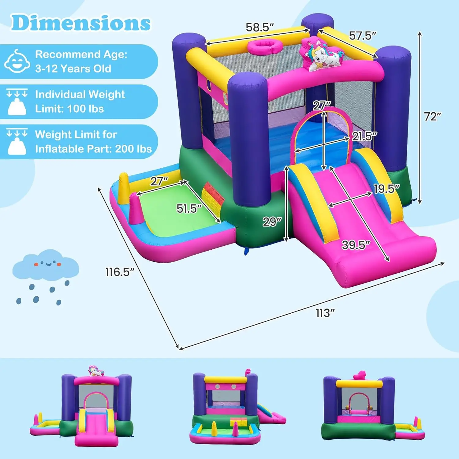บ้านตีกลับทําให้พอง, ปราสาทกระโดดสําหรับเด็ก 6 ใน 1 พร้อมสไลเดอร์, ห่วงบาสเก็ตบอลและหลุมบอล, เกมโยนแหวนและขว้าง, ในร่ม/กลางแจ้ง