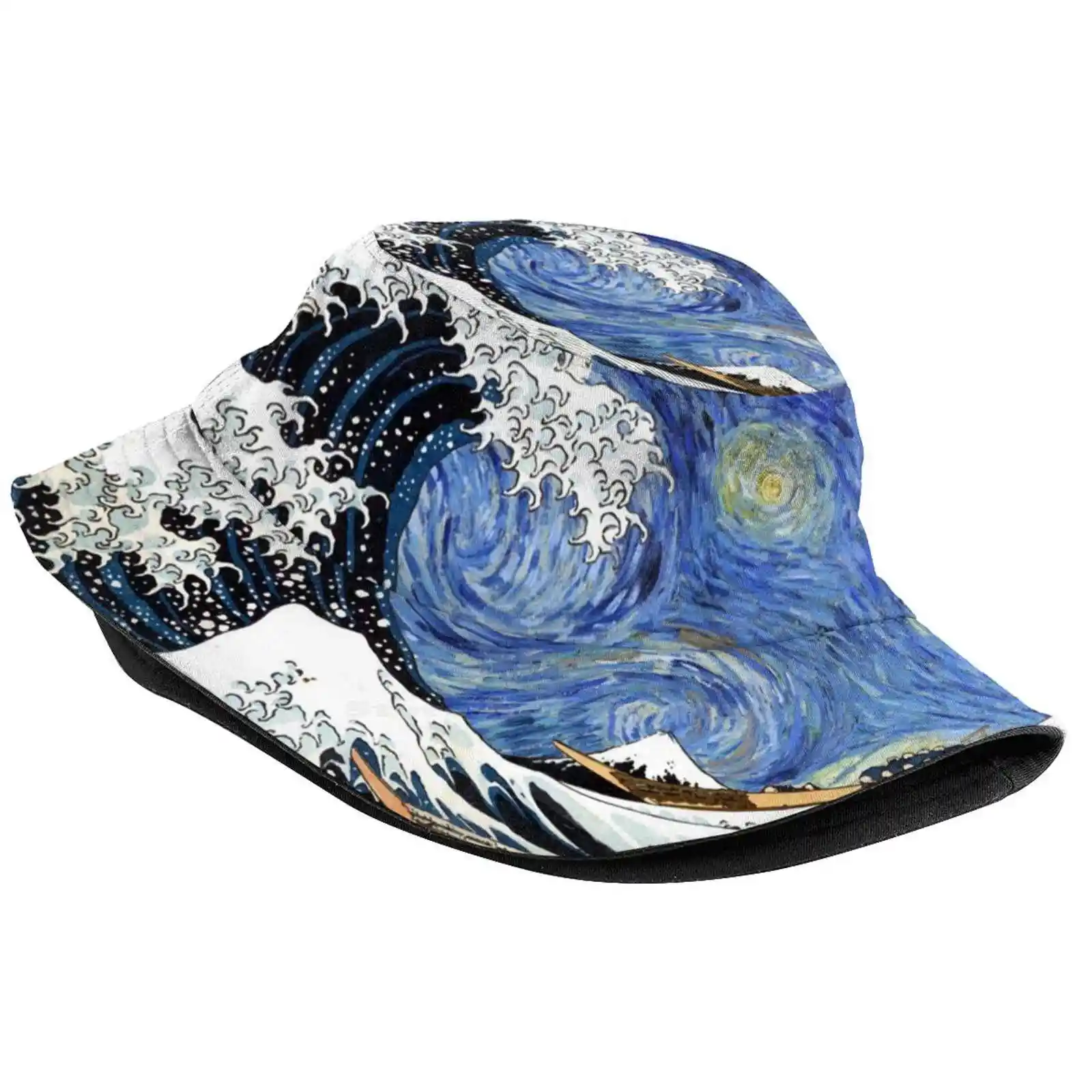 Iconic Starry Night Wave Of Kanagawa Pattern Design Printed Travel Bucket Hats Post Post Fine Art Blue Dutch Painter Colorful