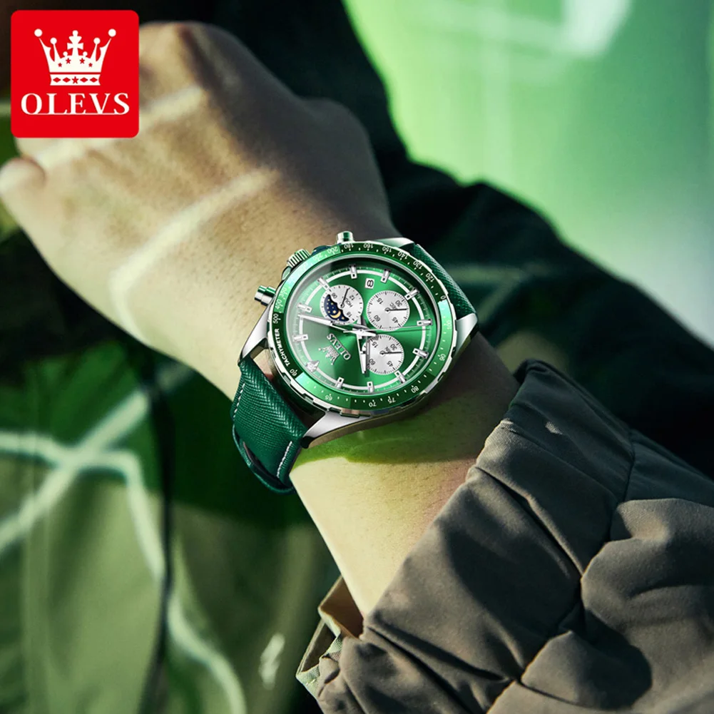 OLEVS-Relógio de Quartzo Multifuncional Masculino, Cronógrafo, Calendário, Luminoso, Impermeável, Pulseira de Couro, Casual, Moda, Novo, 2945