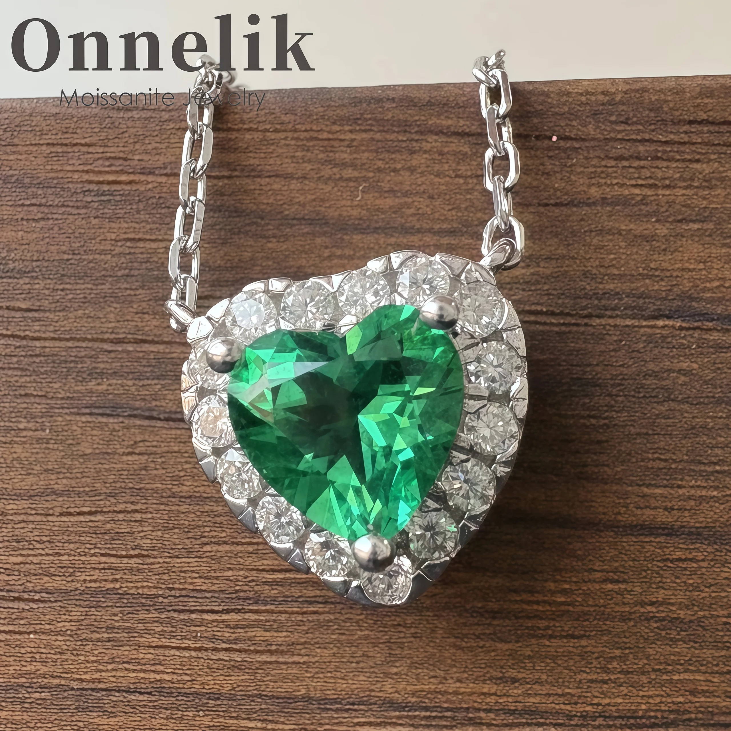 

Onnelik 1CT Real Heart Lab Grown Columbia Emerald Gemstone Necklace Pendant S925 Sterling Silver for Women Party Fine Jewelry