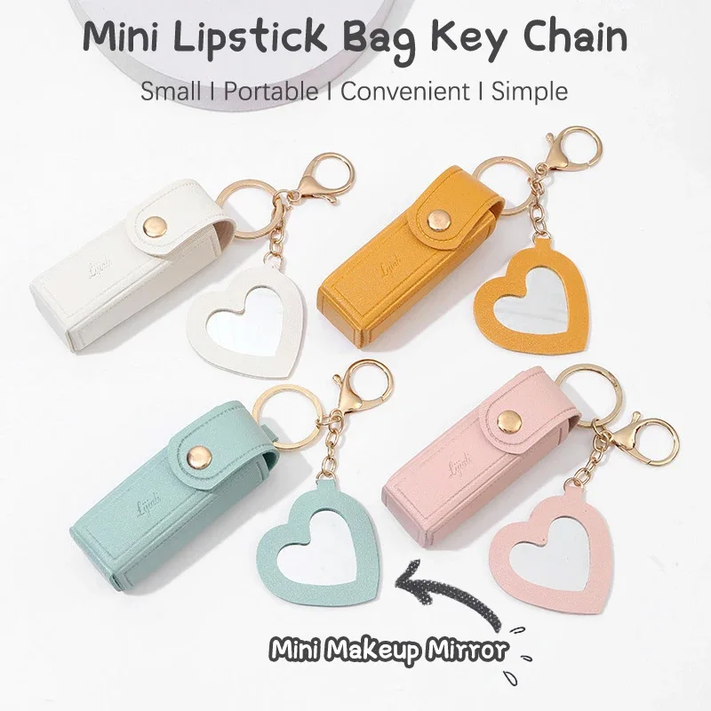 Portable Mini Lipstick Bags Keychain PU Leather Purse Wallet Keyring for Women Lipsticks Protective Cover with Makeup Mirror