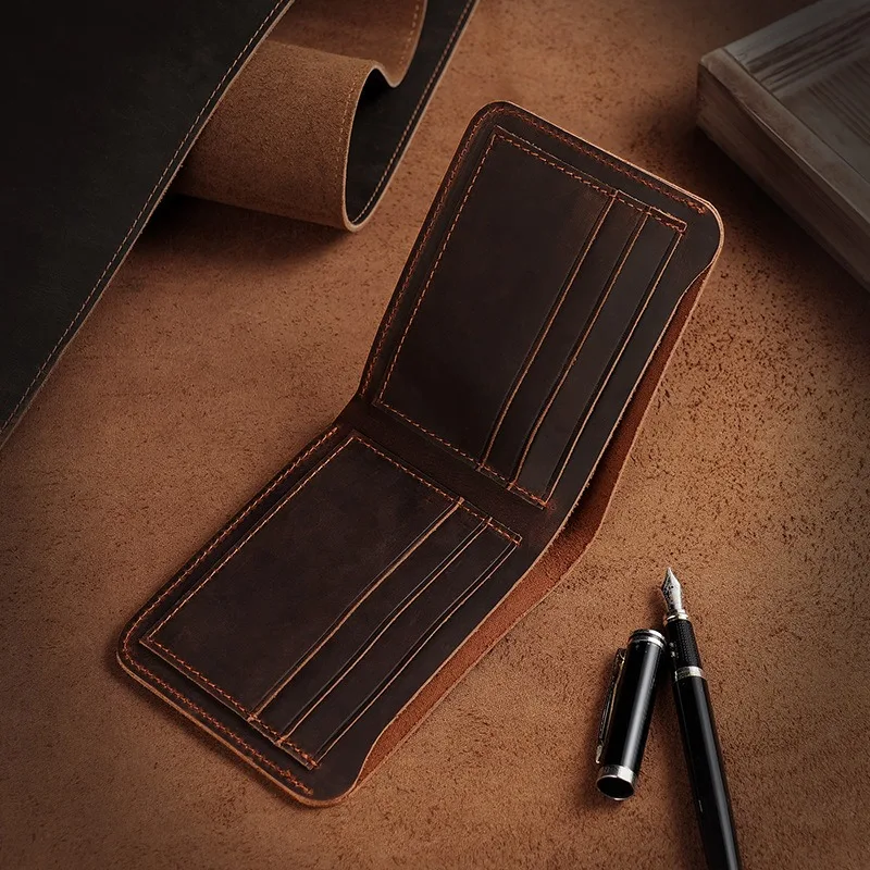 محافظ رجالية من جلد كريزي هورس مصنوعة من الجلد الطبيعي على الطراز الأوروبي والأمريكي بمشبك دولار قصير من طبقة علوية من جلد البقر للرجال