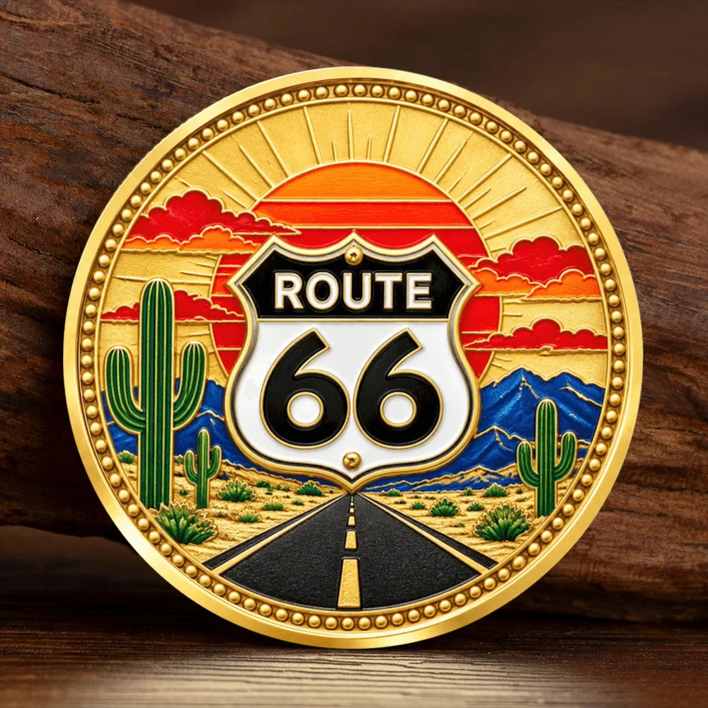 US Route 66 Commemorative Coin Vintage Classic Pickup Truck Desert Highway Gold Plated Collectible Coin Souvenir Gift