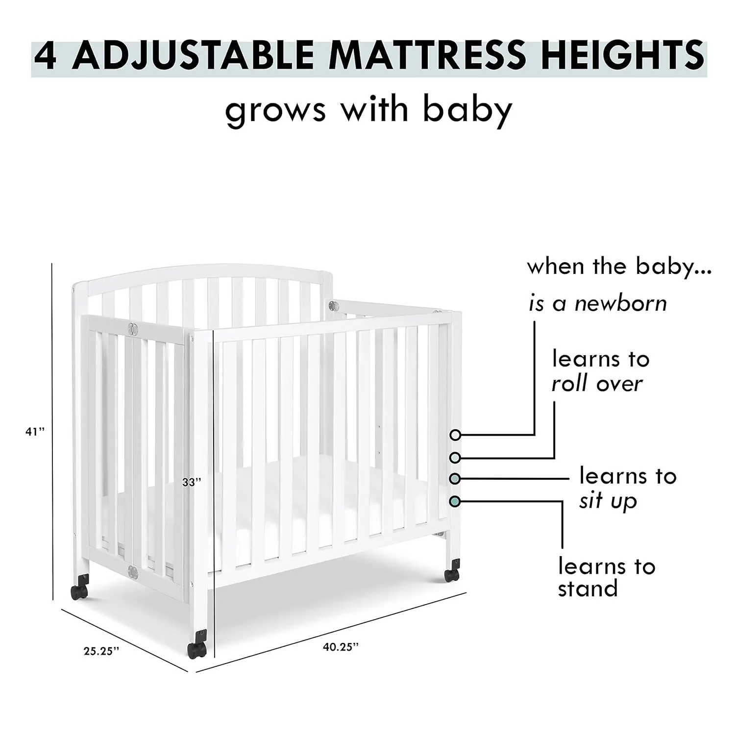 Folding Portable 3-in-1 Convertible Mini Crib and Twin Bed in White,Four adjustable mattress positions.SPACE EFFICIENT