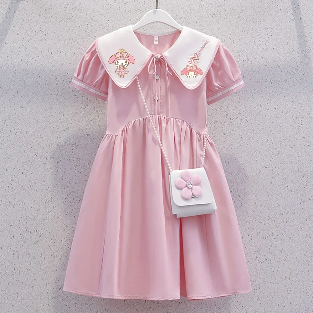 Sanrios Cinnamoroll Girl's Dress Anime Kuromi Princess Cartoon Youngster Skirt Student Cute Doll Collar Sweet Short Sleeve Dress