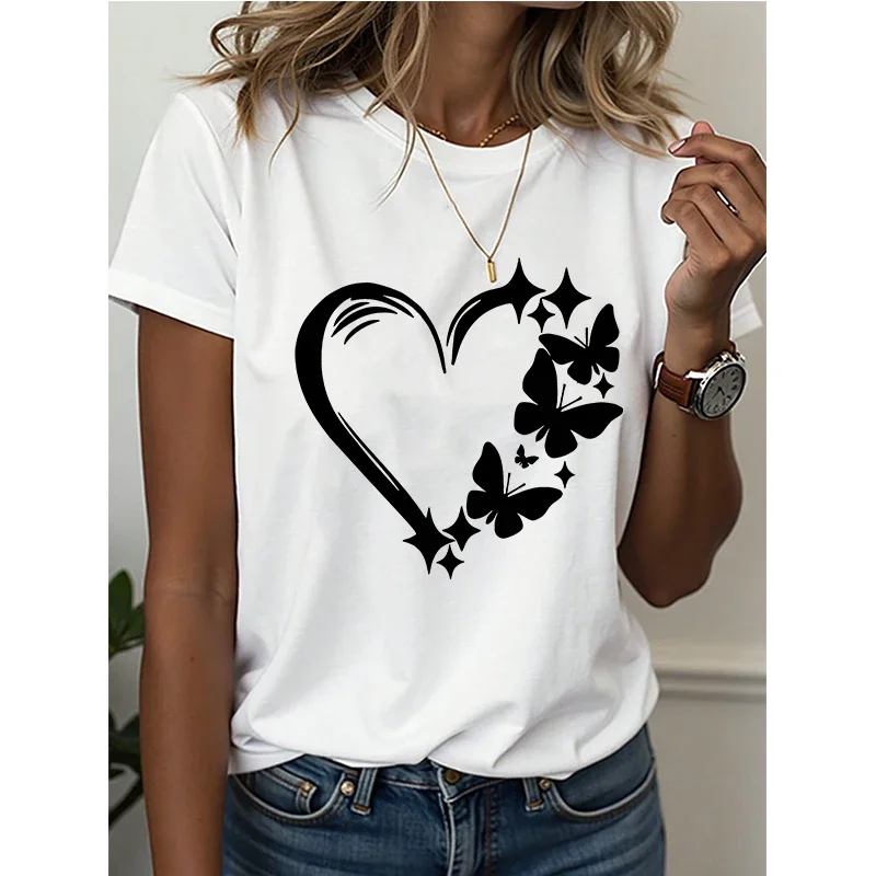 

Футболка с рисунком «Сочетание любви и бабочки», женская повседневная футболка с коротким рукавом, футболки больших размеров с круглым вырезом, топы, одежда 90-х годов