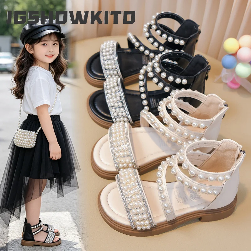 JGSHOWKITO Girls Gladiator Sandals with Pearls Beading Zipper Princess Kids Flat Summer Beach Shoes High Top Open Toes Soft Chic