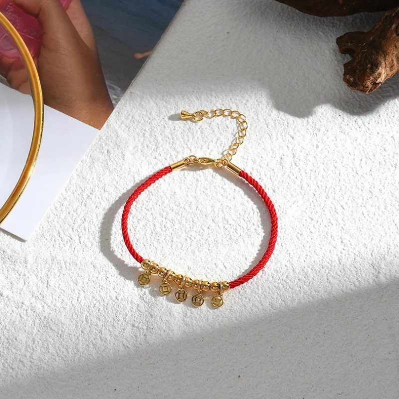 Style Red Rope Braid Adjustable Bracelet Chinese Zodiac Cow Gold Plated Zircon Cherry Pendant Carrying Strap Female New