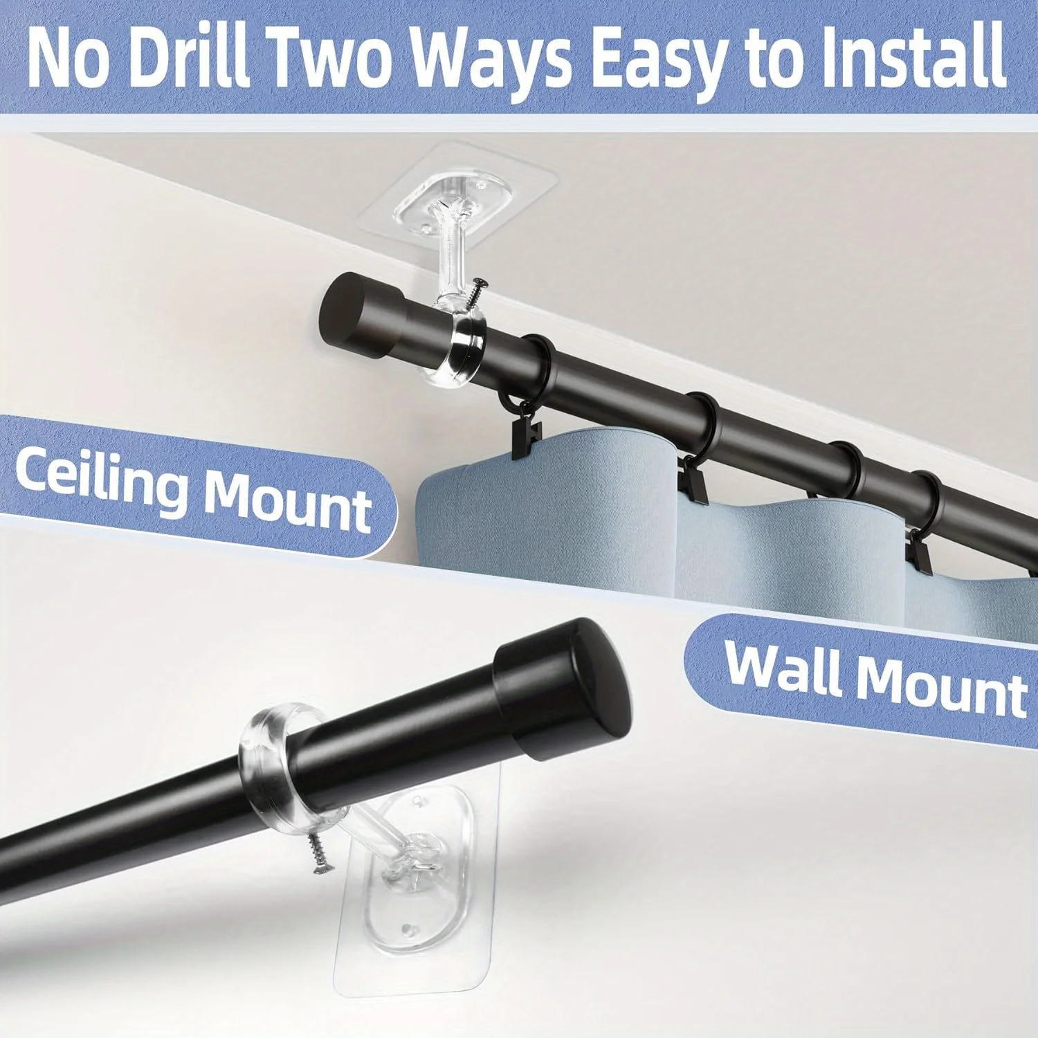 2pcs Heavy-Adhesive Ceiling Curtain Rod Brackets - No Drilling Installation, Adjustable Height, 1.2inch Diameter Rod Holders