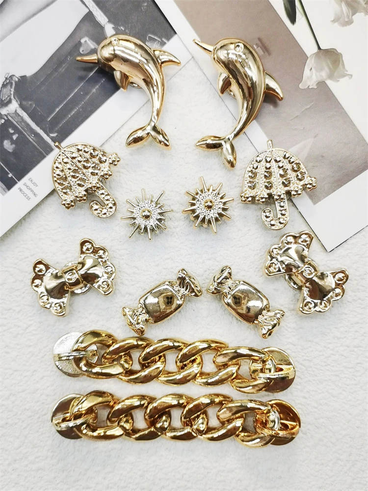 12PCS Luxury Golden Chain Dolphin ABS Shoe Charms Diy Accessories Women Clog Decor Garden Shoe Buckle Decorations Fit Fit Bubble