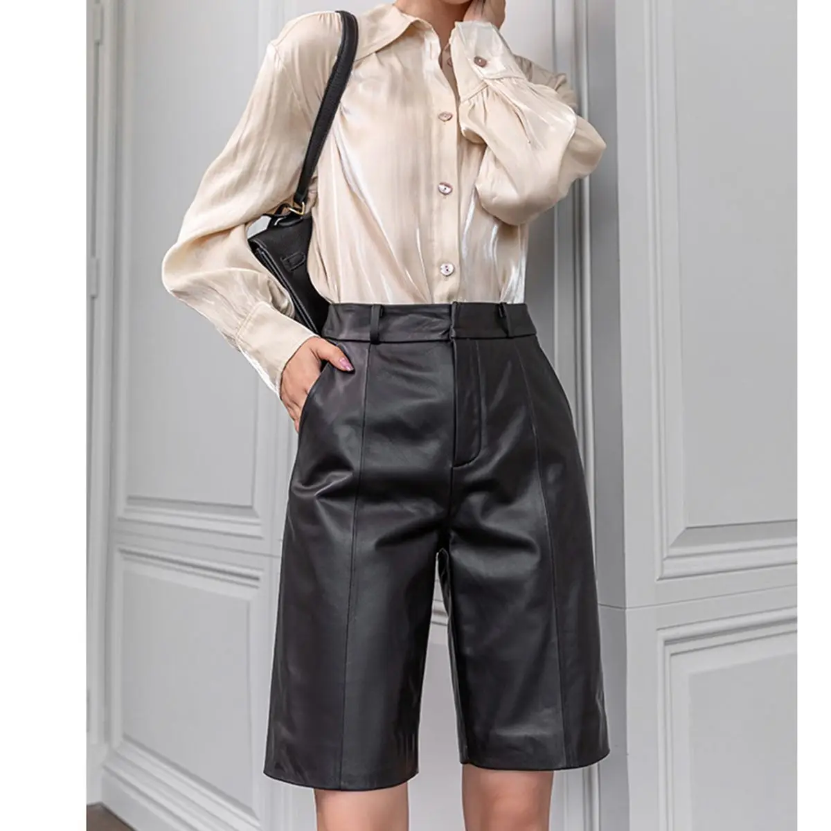 

Women's Loose Straight Leather Shorts, Y2K Pants, Sweatpants, Sheep Skin, Streetwear, Leisure, Autumn, Winter, 2024