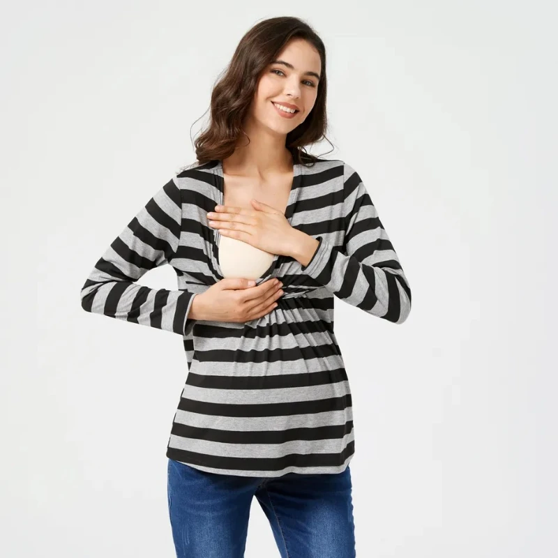 Women Stripe Maternity Long Sleeve Solid Color Nursing Tops T-shirt V-neck Fashion Casual Pregnant Breastfeeding Maternity Tops