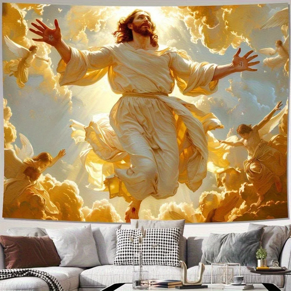 

Jesus Reached Out His Hand To Pigeon Print Tapestry Retro Greek Mythological Painting Art Ceiling Tapestry Christian Aesthetic D