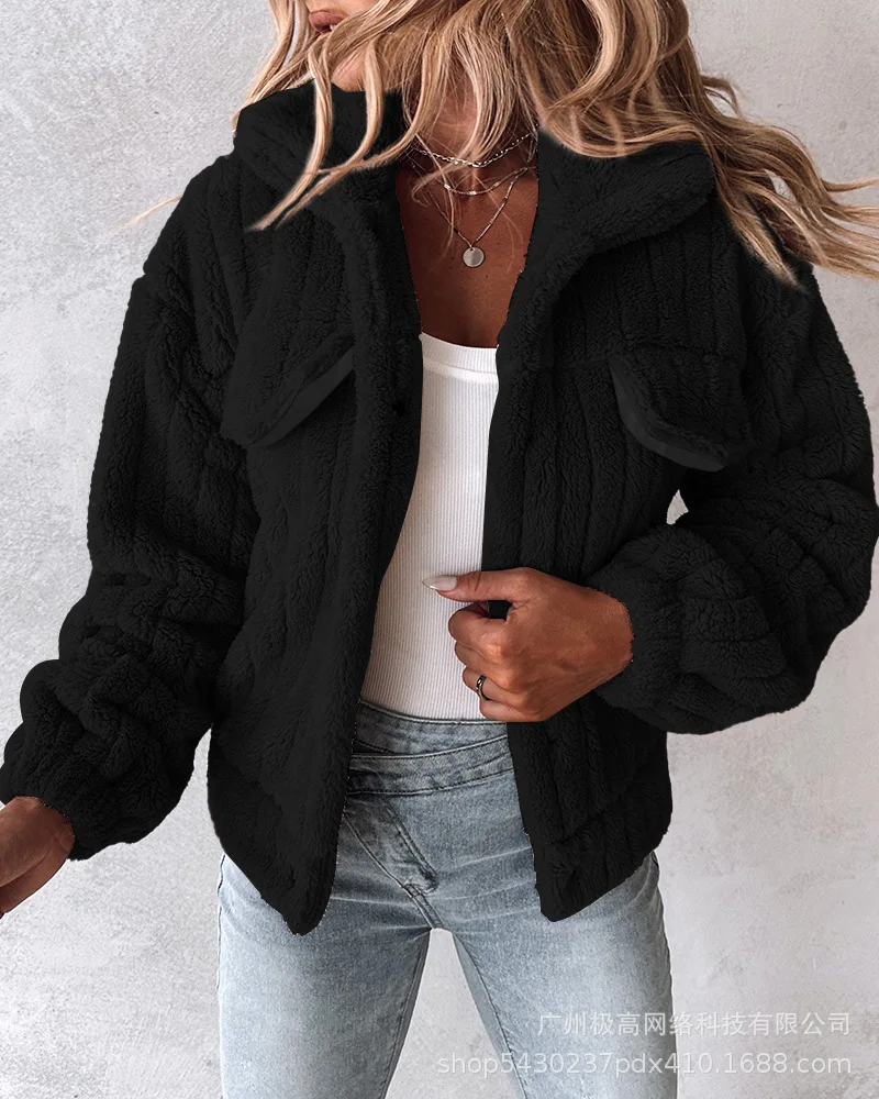 Women\'s Outerwear Solid Color Fake Pocket Long Sleeved Lapel Fashionable Plush Thick Coat 2023 New