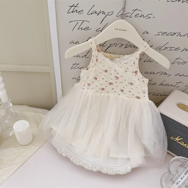 

Girls' Summer New French Floral Lace Suspender Baby Girl Mesh Fluffy Princess Dress Fashion Casual Baby