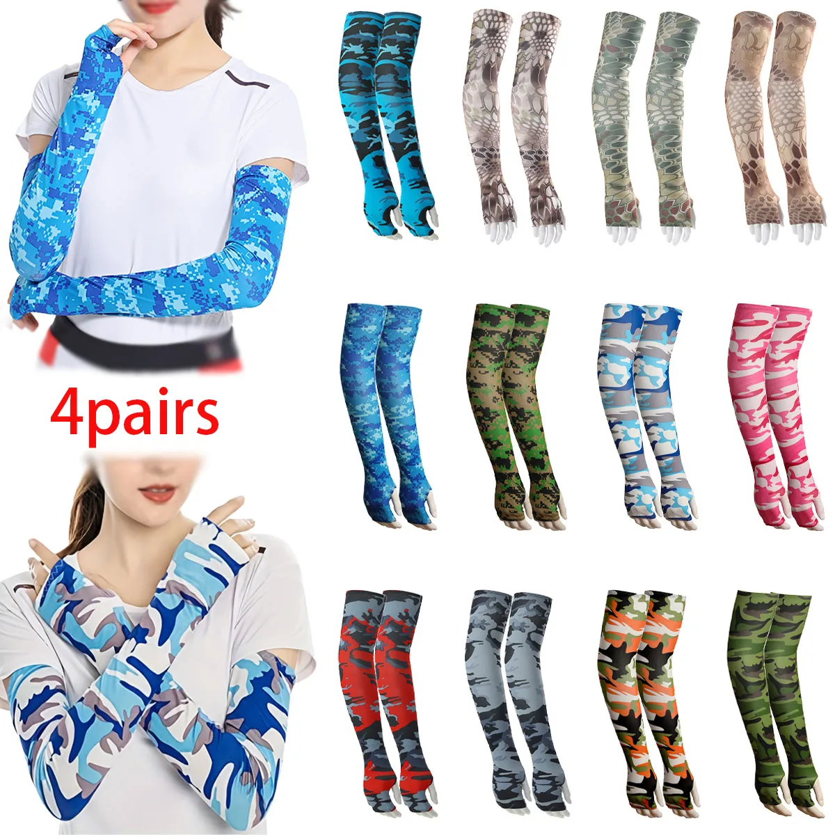

4 пары унисекс наружных камуфляжных длинных ледяных рукавов без пальцев, легкие и дышащие рукава из ледяного шелка, удобные рукава для мужчин и женщин, подходят для занятий спортом на открытом воздухе и четырехсезонной рабочей одежды с ледяными рукавами.