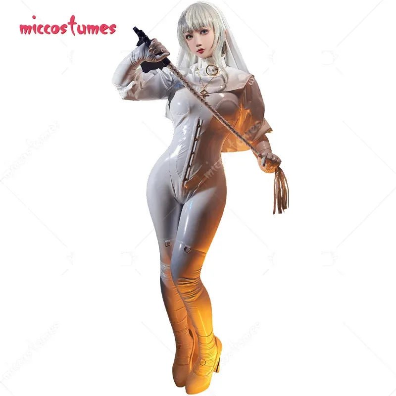 CyMiccostumes x Chowbie 여성 섹시 란제리 세트 검은 수녀 코스프레 의상 바디 슈트 점프 슈트 (칼라 헤드 밴드 목걸이 포함)