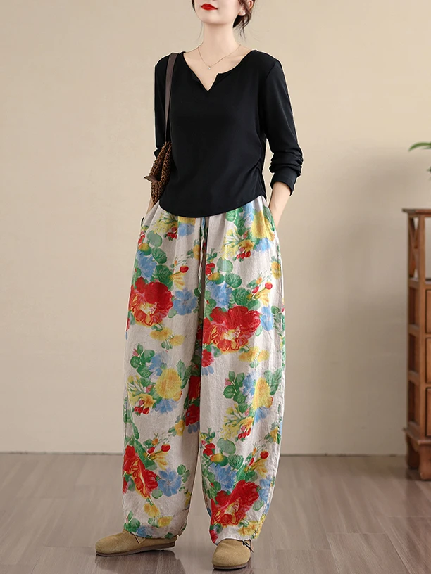 2025 nuevos pantalones Harlan informales Retro de talla grande para mujer, pantalones de lino y algodón, pantalones Harlan con estampado Floral de cintura alta para otoño