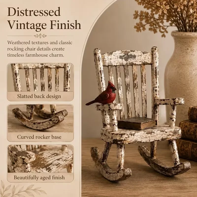 Rustic Cardinal Rocking Chair Decor, Red Bird Sitting Chair Figurine with Vintage Country Style, Farmhouse Tabletop Accent