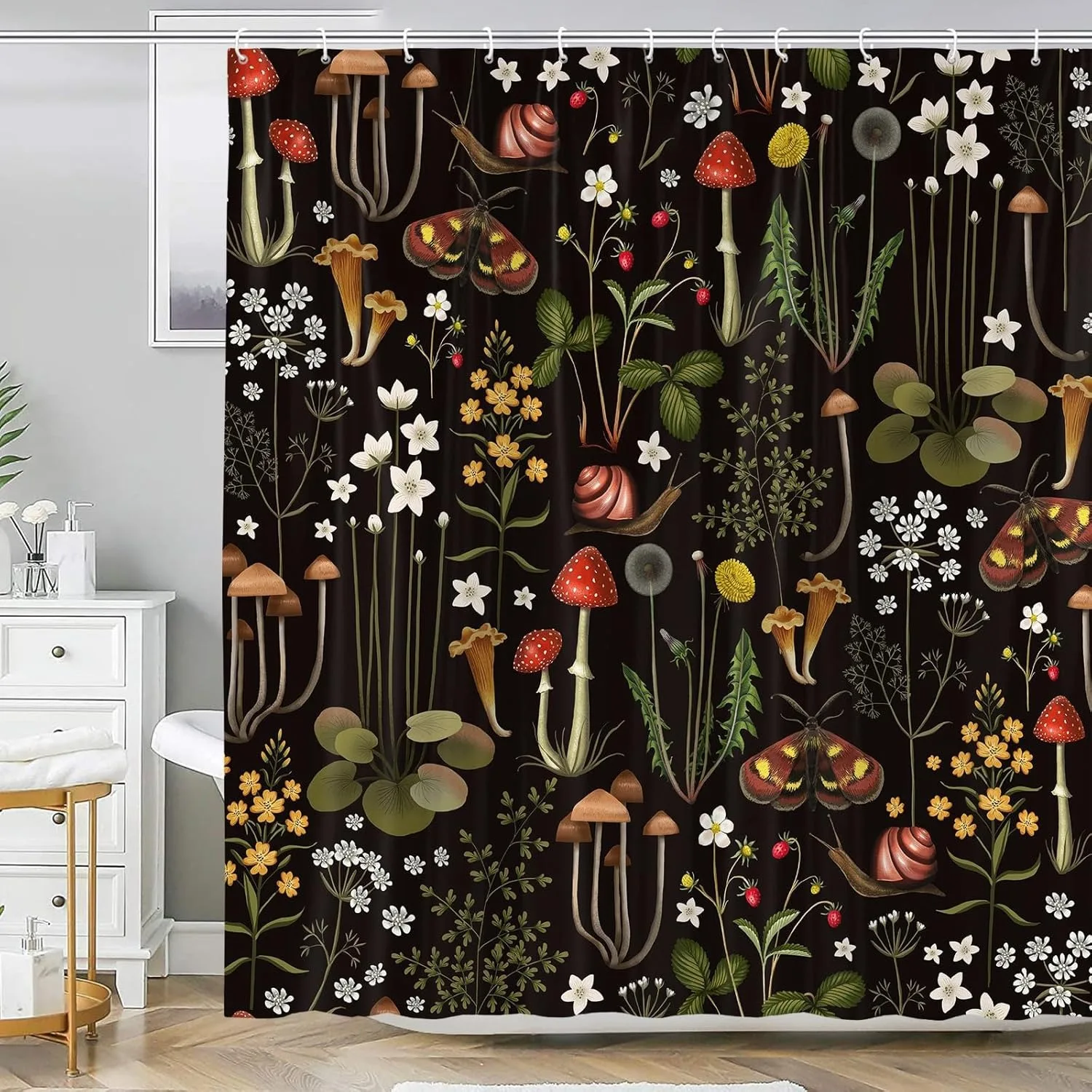 

Черный фон, лесные цветы, растения, занавеска для душа, моющаяся грязеотталкивающая насадка для душа, водонепроницаемая полиэстеровая занавеска для ванны