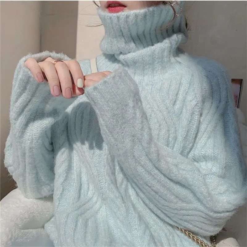 Turtleneck Sweater Woman Chic Thicken Twist Knitting Pullovers Female Autumn Elegant Blue Warm Woolen Jumpers Winter