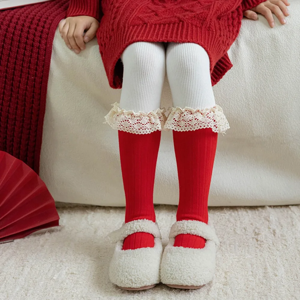

Casual Female Hosiery New Year Red Socks Cotton Lace Children Red Socks Bow Middle Tube Socks Home Hosiery