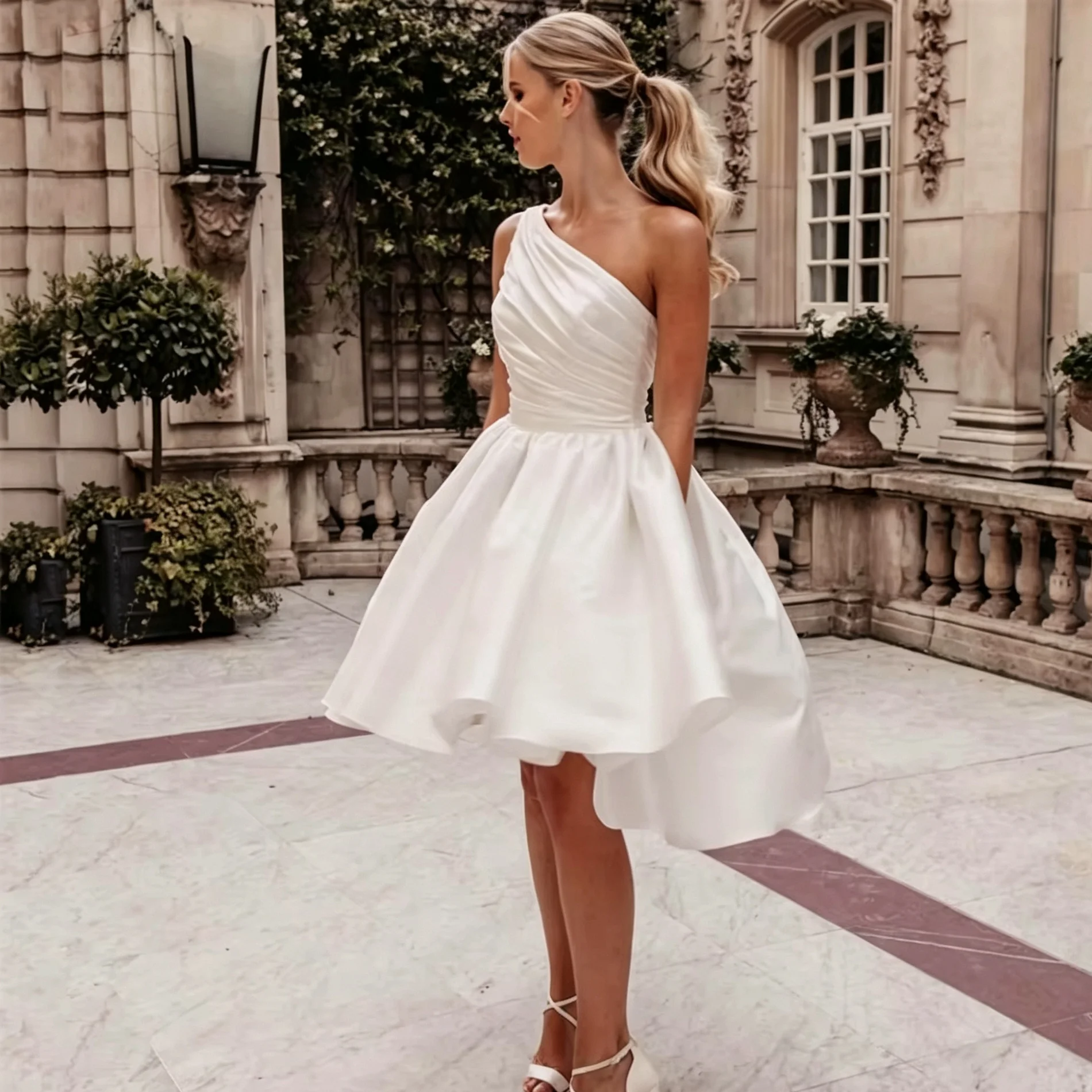 Elegantes One-Shoulder-Satin-Hochzeitskleid, High-Low-A-Linien-Mini-Brautkleid, maßgeschneidert für standesamtliche Hochzeiten, Verlobungen und Empfänge