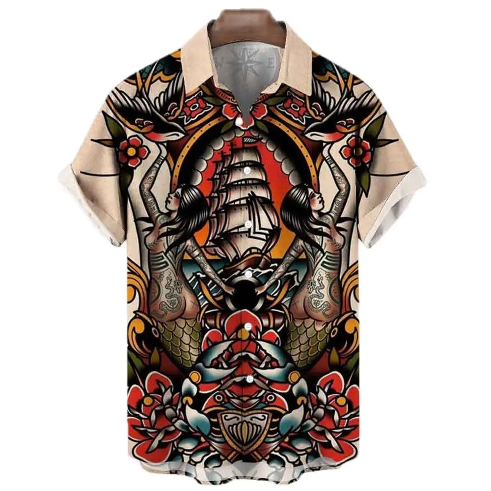 

Japanese Men's Shirts Koi Print Hawaiian Shirts Buttons Beach Aloha Shirts Men's Tops New 2022