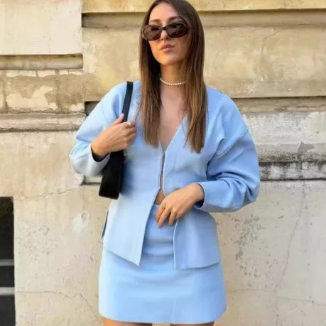 

Chic Autumn Women 2 Piece Outfit V-Neck Drop Shoulder Spliced Long Sleeve Cardigan For Female High Waist Lady Casual Midi Skirt